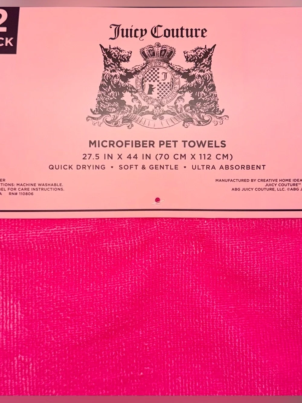 Juicy Couture 2 Pack Pink Cherry Print Microfiber Dog Cat Pet Towels